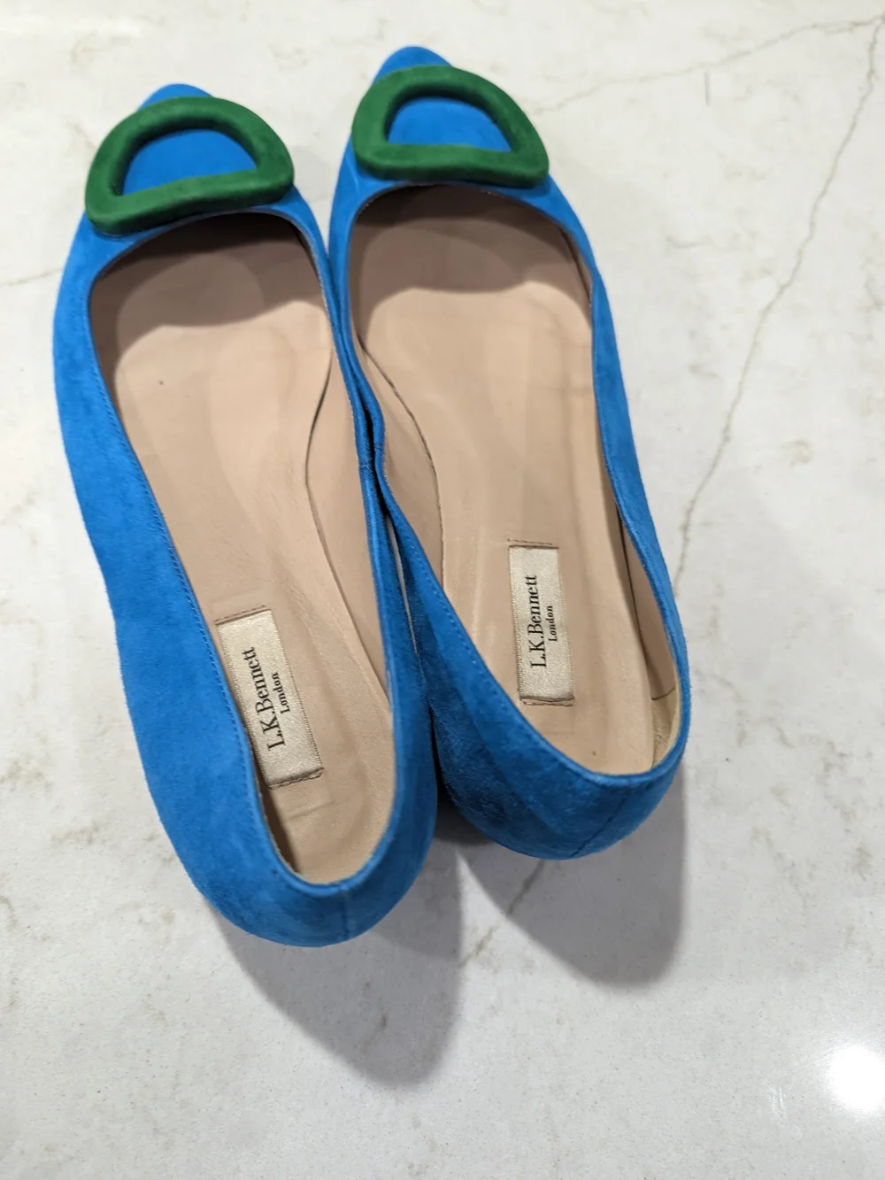 LK Bennett Bright Blue Suede Pointed Flats with Green Buckle
